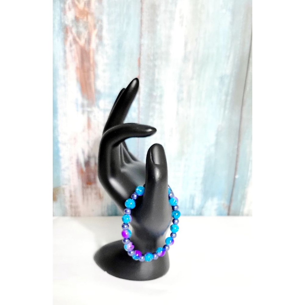 Hand crafted purple and blue acrylic bead and purple glass beaded bracelet 7.5"